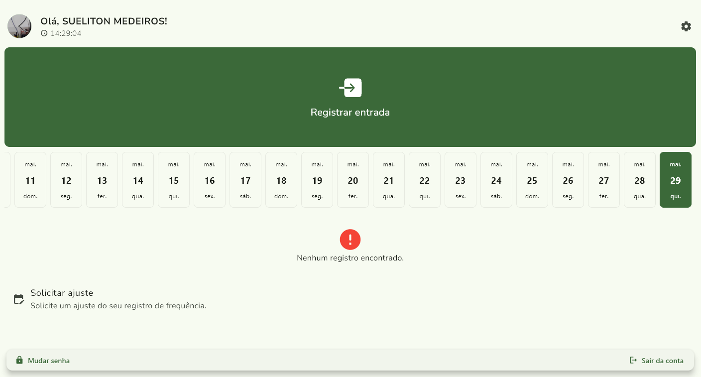 Tela inicial com botão Registrar entrada