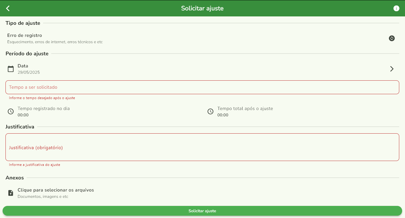 Tela de Solicitação de Ajuste